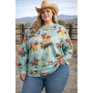 Western Cowboy Horse Print Knit Pullover Top Crewneck Women’s 2XL NWT